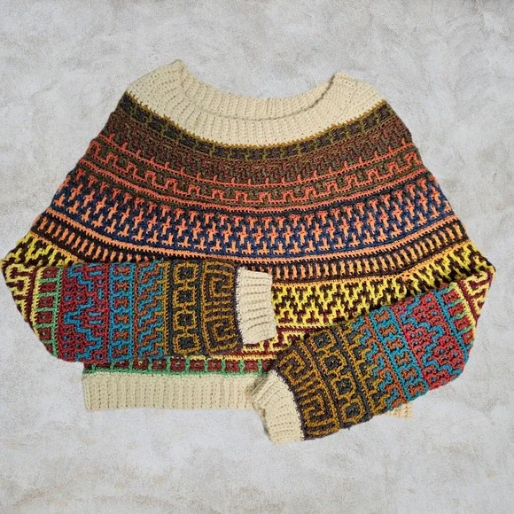 Handmade Crochet Mosaic Sweater Multi Color Geometric Boho Chunky Knit Pullover - Picture 1 of 6